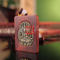 Red Sandalwood Inlaid Tibetan Silver Guan Gong Pendant