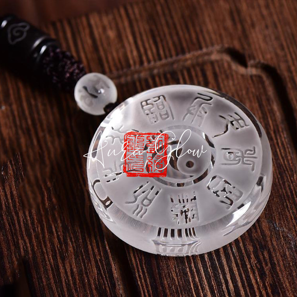 Natural White Crystal Pendant with the Nine-Character Mantra for Protection