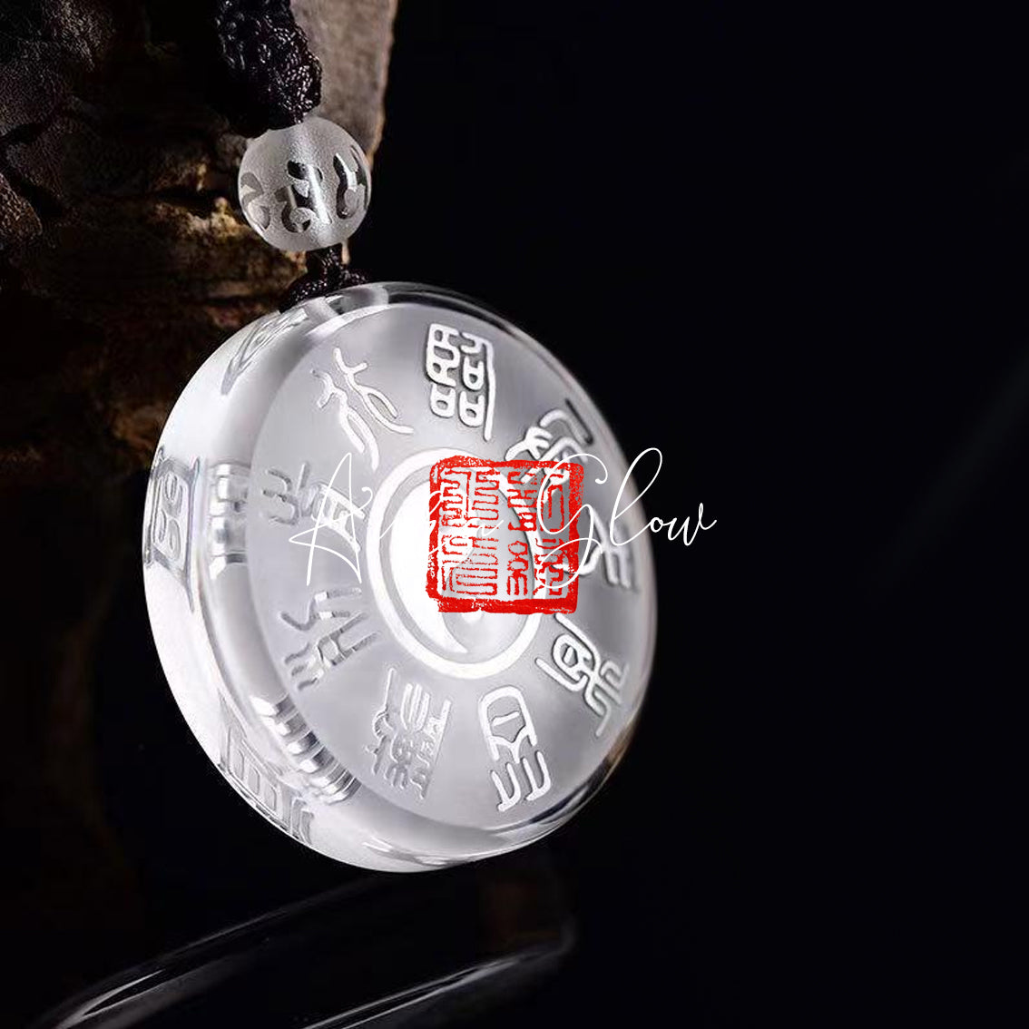 Natural White Crystal Pendant with the Nine-Character Mantra for Protection